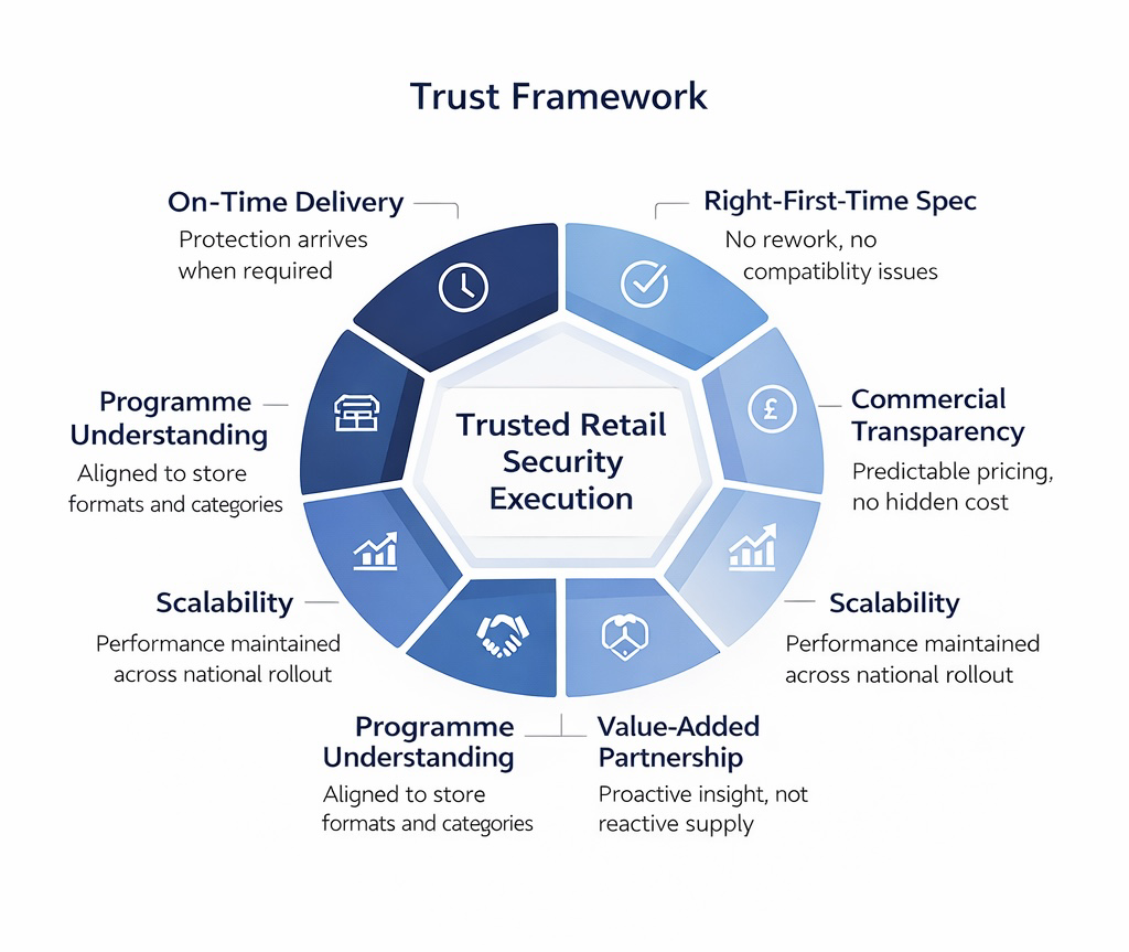 Trust Framework diagram with Trusted Retail Security Execution at the centre, surrounded by On-Time Delivery, Right-First-Time Spec, Commercial Transparency, Value-Added Partnership, Scaling and Programme Understanding.